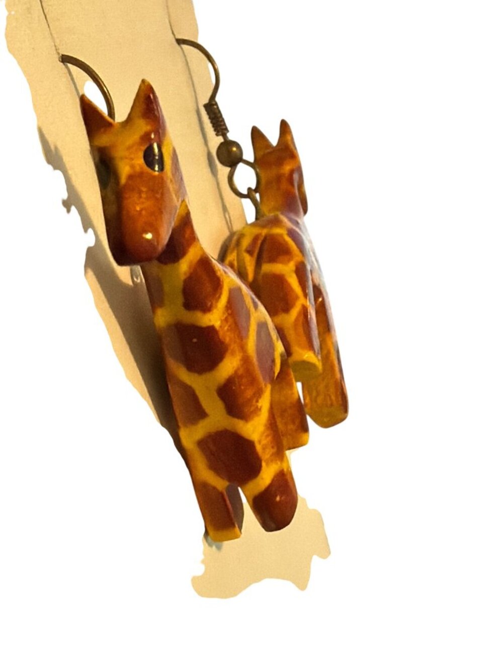 Hand painted Giraffe Dangle Wood Earrings Lightweight Hooks Safari Animal 2" - Picture 4 of 6